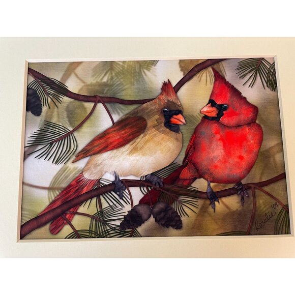 Rogue Rosalie RED LOVE BIRDS Art Matted Print Cardinal Birds Nature Animals 10x8 - Picture 2 of 7